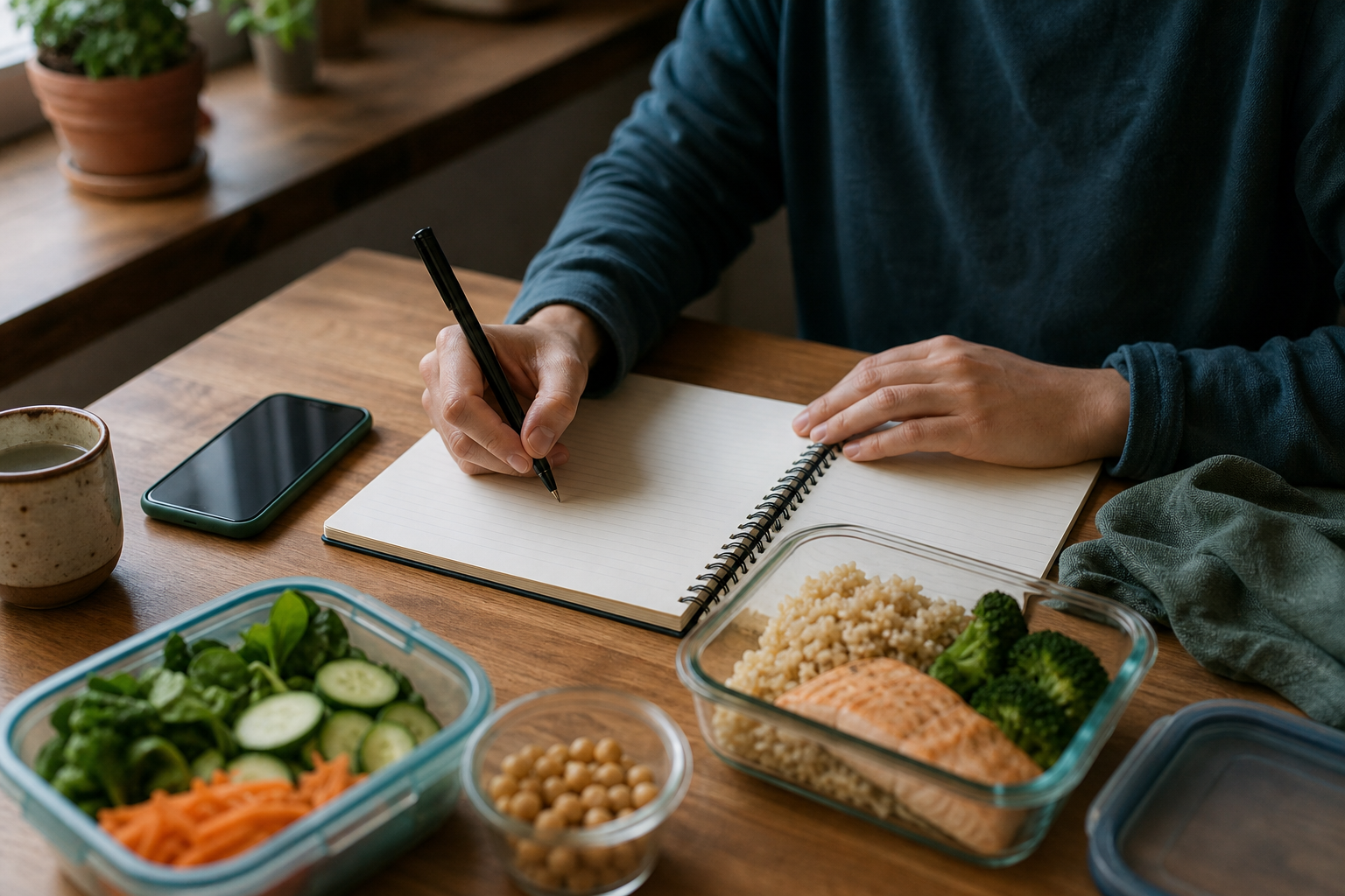 Weekly nutrition review with notebook and prepared meals